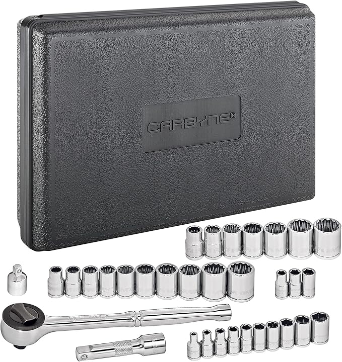 CARBYNE 1/4" & 3/8" Drive Socket & Ratchet Set - 34 Piece | SAE & Metric. Includes Metric 6 to 18mm, SAE 5/32" to 3/4". 6 & 12 Point. Cr-V Steel • From a Family-Run Tool Company Based in the U.S.A.