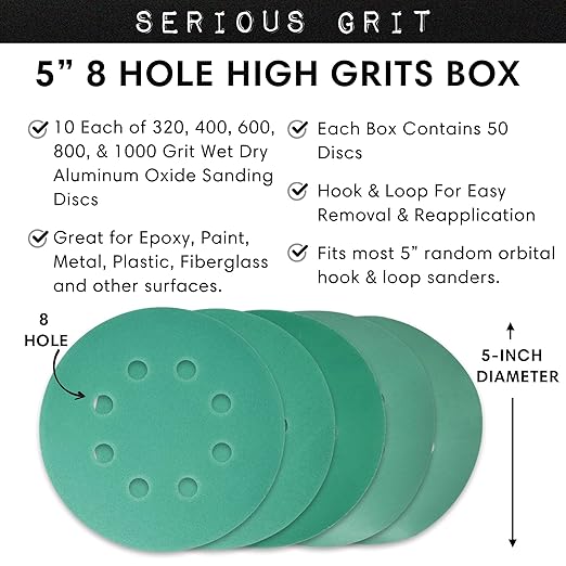 Sanding Discs 5 Inch 8 Hole Fine Grit Assortment - 320, 400, 600, 800, 1000 Grit (10/each) - Hook & Loop Wet Dry Film Sandpaper Discs - Sand Paper for Random Orbital Sanders - 50 Pack Box