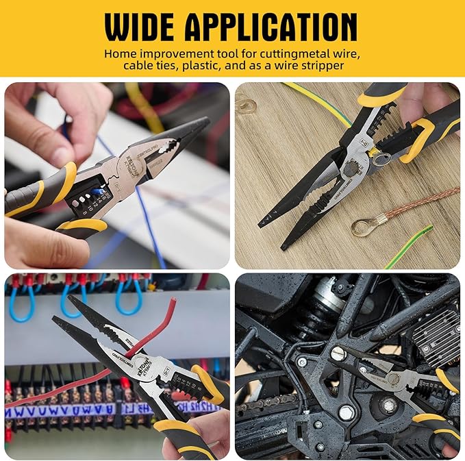 Multi-Function Needle Nose Pliers with Cutting, Stripping, Crimping and Gripping, 9-inch 6-in-1 Cr-V Steel Combination Pliers for Electricians and Homes