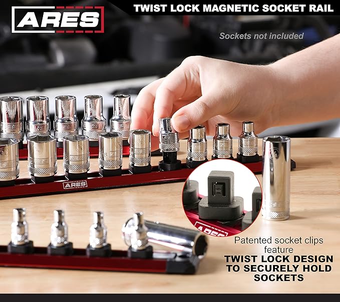 ARES 60169 – 3/8-Inch Drive 15.5-Inch Red Twist Lock Magnetic Socket Rail - Store up to 12 Metric or SAE Sockets and Keep Your Tool Box Organized – Magnetic Base for Easy Socket Organization