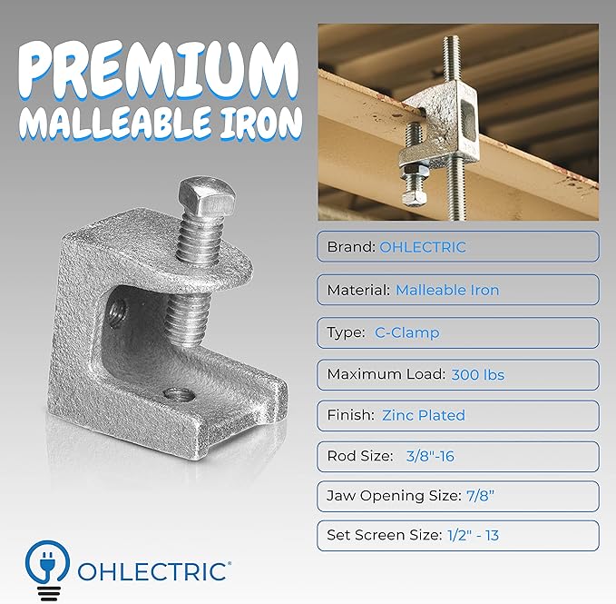 OhLectric Beam C Clamp - Malleable Iron - Zinc Plated Beam Clamp - Features 7/8" Jaw Opening - 1/2”-13 Set Screw Size And 300 lbs Max Load - Safety Beam Clamp - Supports 3/8”-16 Rods - OL-47761