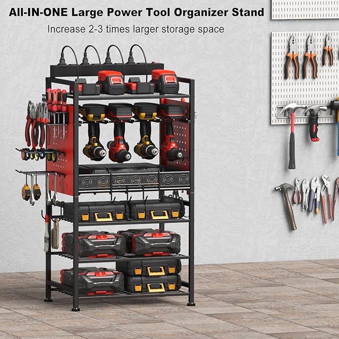 JUNNUJ Power Tool Organizer Floor Stand with Charging Station, Garage Adjustable Storage Rack Utility Tool Shelf with 8 Outlet Power Strip, Heavy Duty Drill and Battery Holder, Red