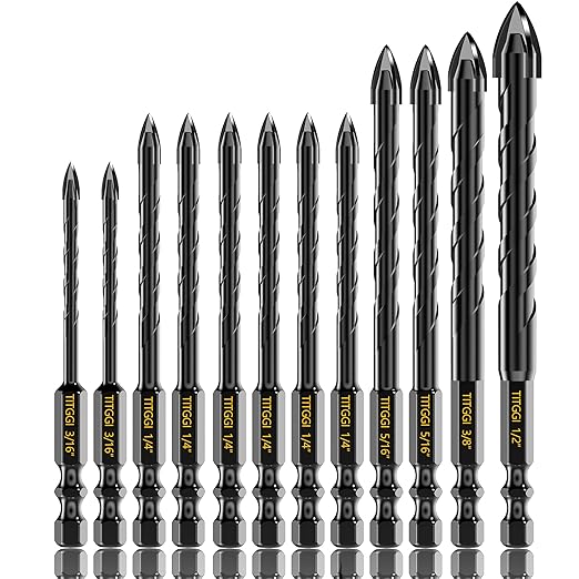 TITGGI 12PCS Masonry Drill Bit Set - Professional Concrete Drill Bits for Glass/Brick/Cement/Tile/Etc, Industrial Strength Carbide Cross Drill Bit Tips, 3/16"-1/2" by TITGGI