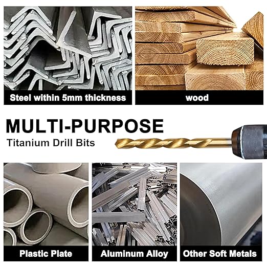 99 Pcs Drill Bit Set(1/16“-3/8”), 135° Tip Titanium Coated High Speed Steel, Twist Drill Bit Kit for Iron, Aluminum Alloy, Copper, Wood, Plastic, with Hard Storage