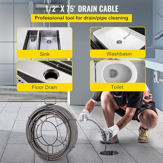 VEVOR Drain Cleaning Cable 75ft x 1/2 inch Solid Core Cable Sewer Cable, Drain Auger Cable Cleaner, Snake Clog Pipe Drain Cleaning Cable W/Four Shapes of Cutters