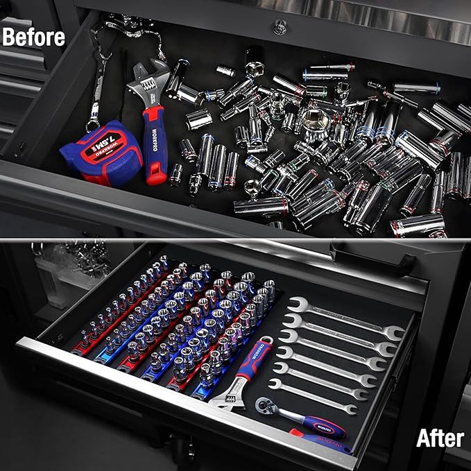Magnetic Socket Holder Organizer Set - 9-Piece Detachable Trays for 1/4", 3/8", 1/2" Sockets, 120-Piece Toolbox Drawer Organizer, Aluminum Alloy Garage Storage for Mechanics & DIY (Red/Blue/Green)