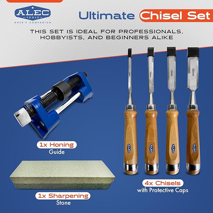 Wood Chisel Set Carpenter Tools – 4Pcs Beech Wood Carving Set with Sharpening Stone, Honing Guide – Woodworking Chisels with Pre-Sharpened Steel Blades – Ideal for Pros, DIY, Hobby