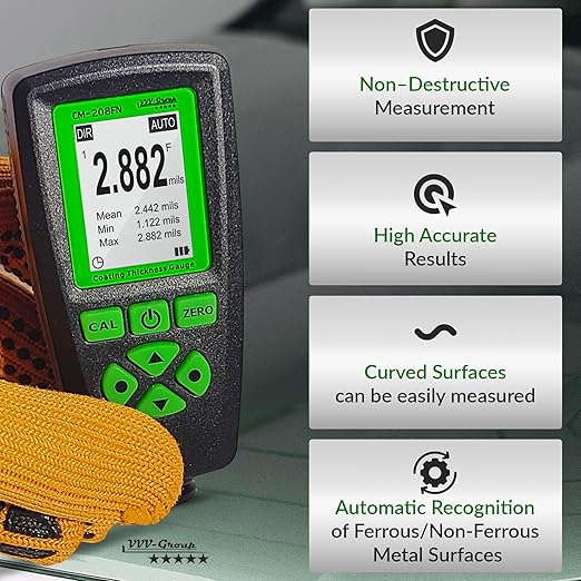 Digital Coating Thickness Gauge CM-208FN / Automatic Thickness Paint Meter for Steel and Aluminum with Resolution 0.001mils /0.1um (Fe/Al)