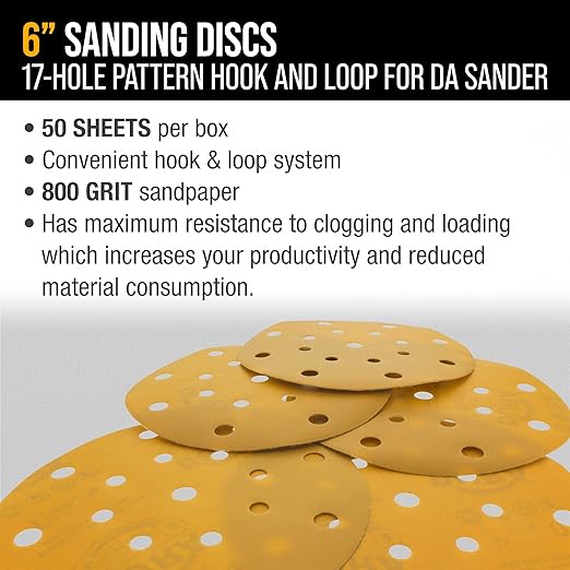 Dura-Gold Premium 6" Gold Sanding Discs -800 Grit (Box of 50) - 17 Hole Pattern Dustless Hook & Loop Backing Sandpaper for DA Sanders, Aluminum Oxide Abrasive - Sand Automotive Paint Woodworking Wood