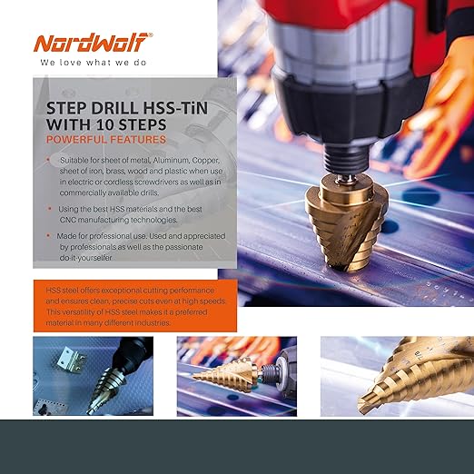NordWolf HSS Titanium SAE Step Drill Bit, Spiral Groove Double Flute Unibit with 1/4" Hex Shank for Sheet Metal, 10 Imperial Step Sizes 1/4" to 1-3/8"