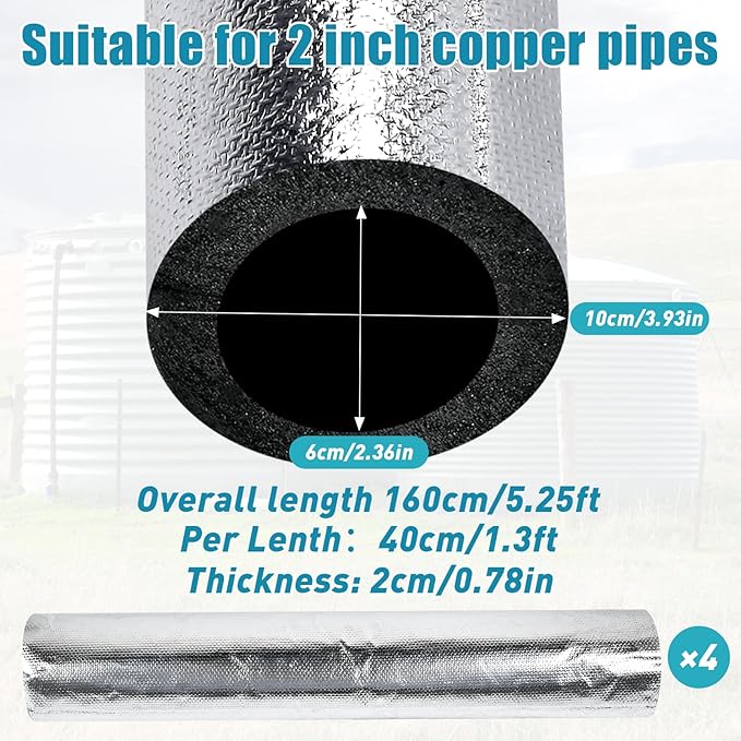4 Pack Insulation Tubes 2 Inch, Pre-Slit Self-Adhesive Insulation Wrap, Highly Insulated for Copper Pipe, AC Line, Sprinkler (20mm Thick)