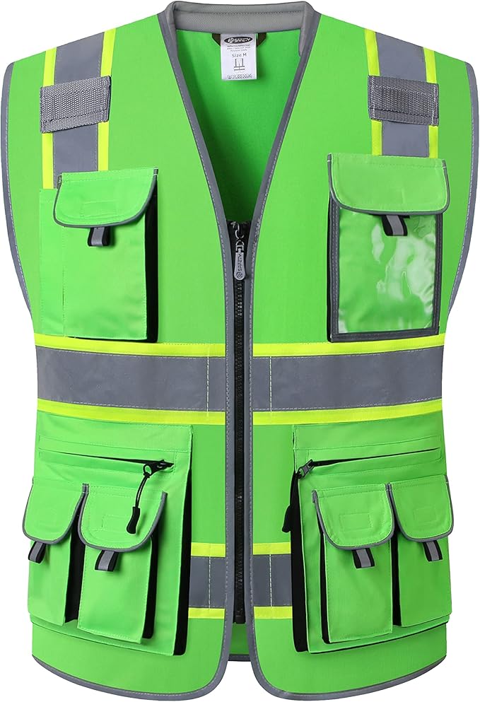 JKSafety 10 Pockets Hi-Vis Zipper Front Fluorescent Green Safety Vest | Cushioned Collar | High Reflective Tapes with Extended Neon Yellow Strips | Meets ANSI/ISEA Standards (3X-Large, 89-Green)