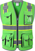 JKSafety 10 Pockets Hi-Vis Zipper Front Fluorescent Green Safety Vest | Cushioned Collar | High Reflective Tapes with Extended Neon Yellow Strips | Meets ANSI/ISEA Standards (5X-Large, 89-Green)