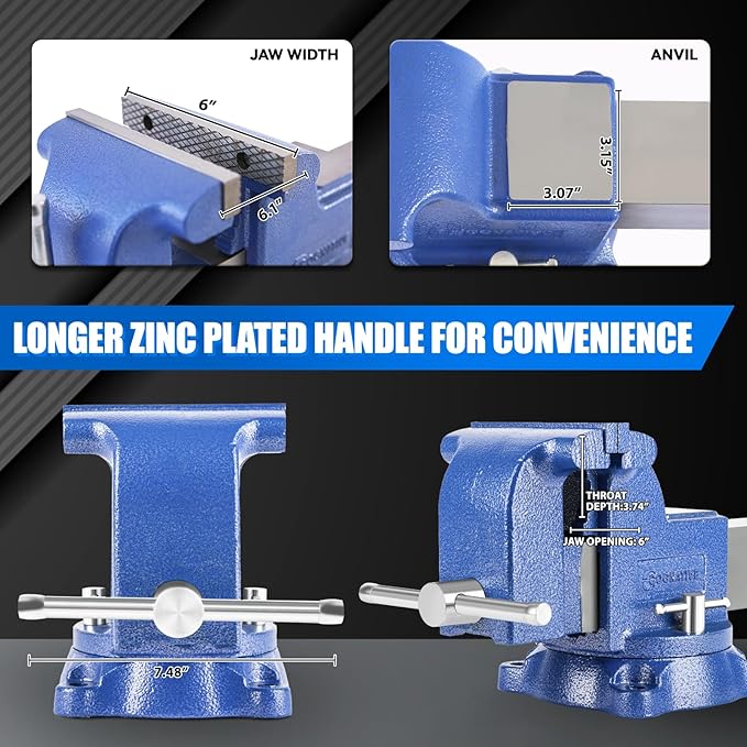 6" Heavy-Duty Bench Vise Ductile Iron Bench Vise 6 Inch 360° Swivel Bench Vice with Anvil Blue, Include Mini Bench Vice Clamp