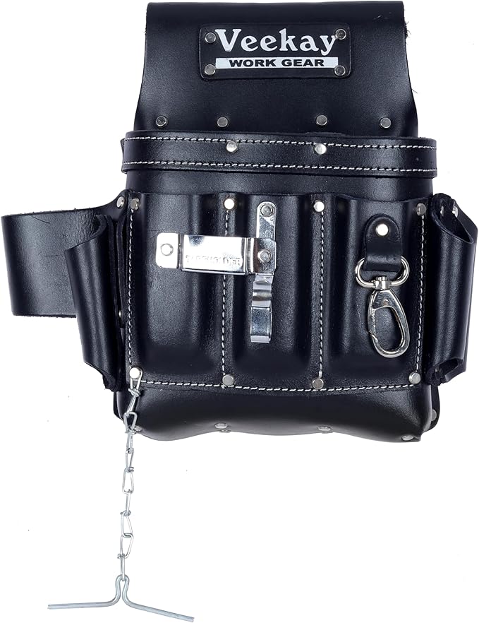 VEEKAY Electrician's Leather Tool Pouch – 10 Pocket Full Grain Leather Organizer for Electricians, Carpenters & Construction Workers – Durable, Heavy-Duty Utility Pouch (Brown/Black)