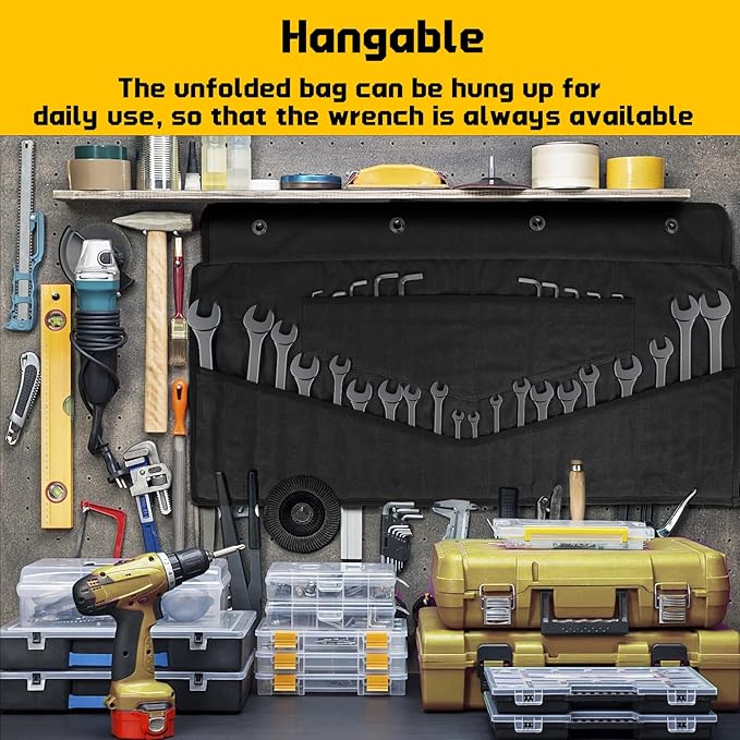 Wrench Roll 32 Pockets, Heavy-Duty 16 oz. Waxed Canvas Wrench Roll Up Bag Holds Wrench Wrap for Metric and SAE Wrenches, Wrench Pouch with Buckles and Handle, Sturdy Wrench Tool roll (Black)