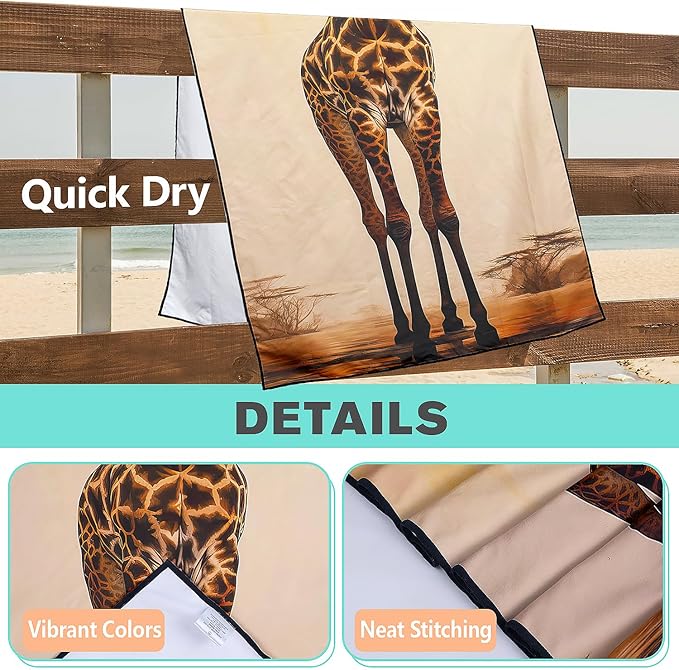 Brown Giraffe Beach Towel Oversized 36" x 72", Thin Lightweight Sand Free Quick Dry Microfiber Towel for Swimming Pool Cruise Camping Travel