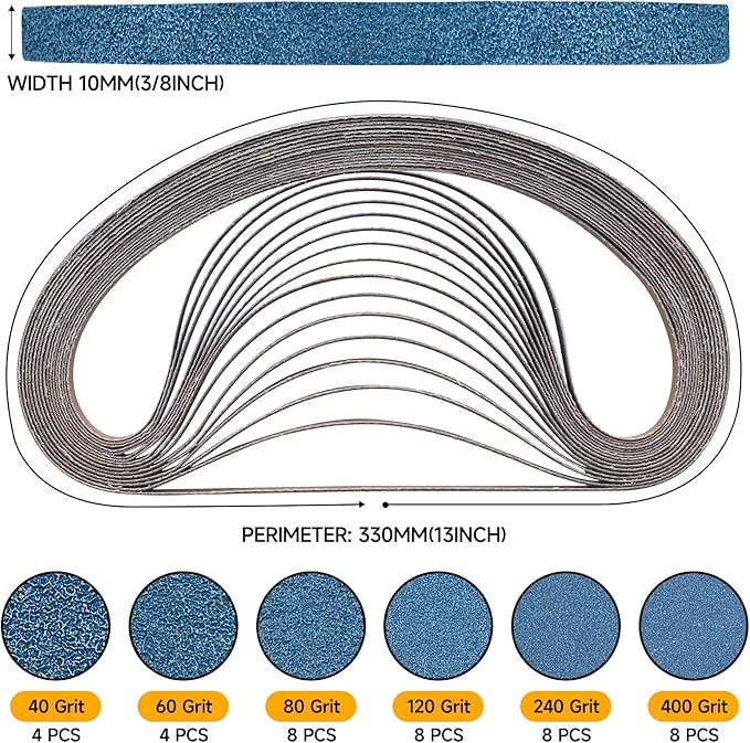 40-Piece 3/8 x 13 Inch 40-400 Grit Zirconia Sanding Belts, Heavy Duty Long-lasting Mini Sanding Bands for Belt Sander, Rust Paint Removal, Wood Metal Grinding and Finishing