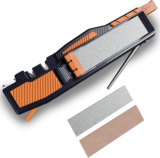 8-in-1 Pocket Field Knife Sharpener – Guided Diamond Whetstones, Diamond Rod, Leather Strop, 2 Sharpening Slots, Fire-Starter Ferro Rod & Whistle – Outdoor, Yard, Camping by Sharp Pebble
