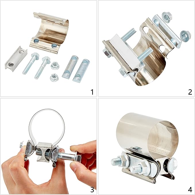 Butt Joint Band Clamps,Exhaust Muffler Clamp Exhaust Pipe Clamps Sleeve Stainless Steel (4, 2'')