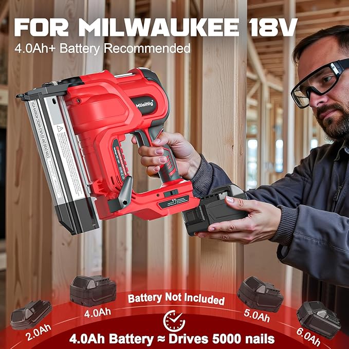 Cordless 2" Brad Nailer Compatible with Milwaukee Battery(No Battery), 2-in-1 Electric Nail Gun/Staple Gun, 18 Gauge Nail Gun Battery Powered with 1000 Nails for Wood Carpentry