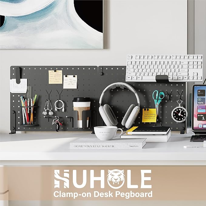 HUHOLE 32 x 12 inch Clamp On Desk Pegboard, Black Metal Desktop Organizer, Desk Accessories for Gaming & Office, Versatile Clamp-On Pegboard for Organization and Storage