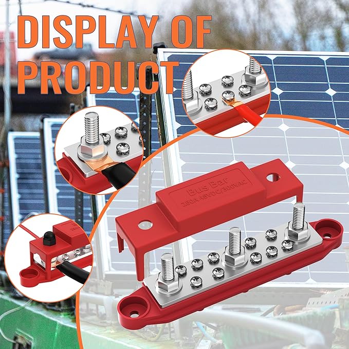 Joinfworld Power Distribution Block Bus Bar 12V 250A with 3 x 5/16"(M8) Studs, Marine Bus Bar Terminal Block 12 Volt DC Battery Busbar with Cover - Negative&Positive