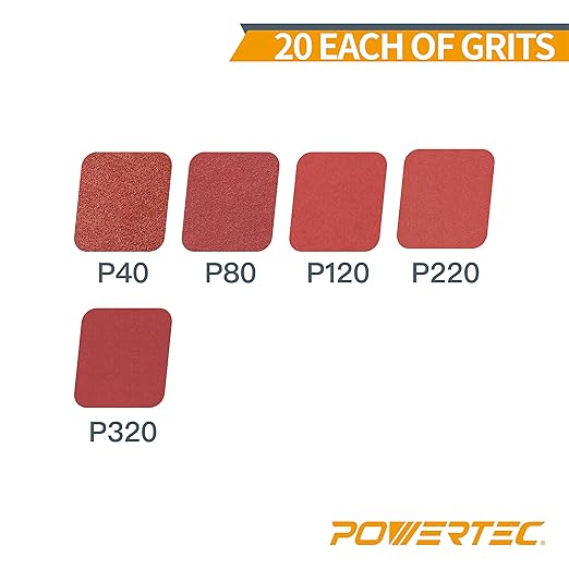 POWERTEC 45100, 100 Pack, 6"x 8 Holes, A/O Hook & Loop Sanding Disc | 40, 80, 120, 220, 320, Assorted Grits, Red