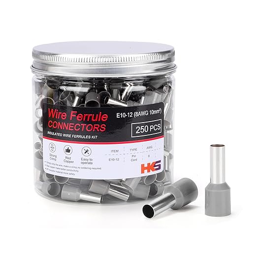 HKS 250PCS Wire Ferrule Connectors - AWG 8-10.0mm² Copper Barrel Pin Cord Ends Insulated Ferrules Terminals - E10-12 Grey