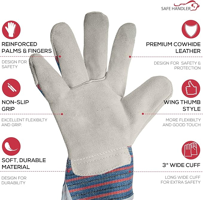 Work Leather Gloves with Cool Cotton Lined Backing Lightweight & Versatile Split Leather Safety Cuff Work Gloves