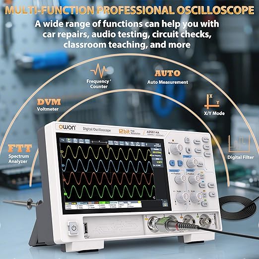 Digital Oscilloscope ADS814A 100MHz Bandwidth OWON 4 Channel Oscilloscope with 1.25GSa/s Sample Rate 12bits Vertical Resolution 50M Memory Depth 7 inch LCD Oscillograph