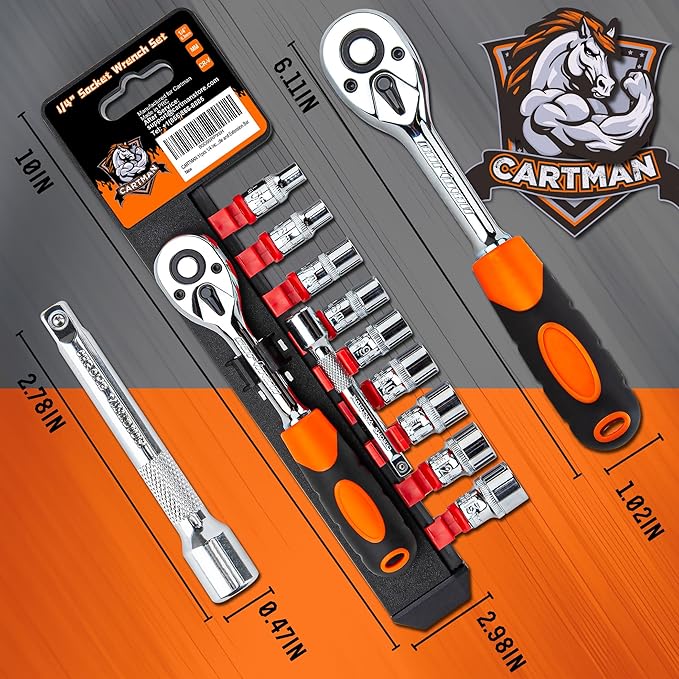 CARTMAN 11pcs 1/4 Inch Ratchet Socket Wrench Tool Set with 9 Drive Sockets 5-13mm and 2 Way Quick Released Ratchet Handle and Extension Bar