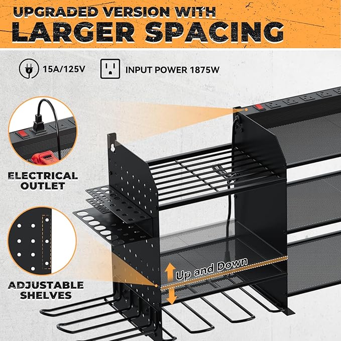 Upgrade Large Power Tool Organizer Wall Mount with Charging Station Tool Storage Rack with 6.5FT Power Strip 10 Drill Holder and Storage Rack for Garage Organization