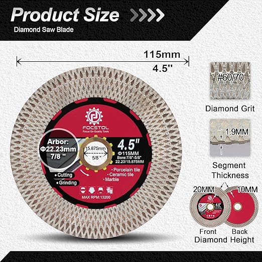 Diamond Tile Saw Blade - 4.5''(115mm) Cutting and Grinding Disc Wheel for Porcelain Ceramic Tile Marble Granite Artificial Stone with X Mesh Rim for Angle Grinder