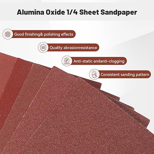 1/4 Sandpaper Sheet – 4-1/2” x 5-1/2”, P80 Grit, Red Aluminum Oxide, Plain Backing, 50-Pack – Sandpaper Sheets for Palm Sanders and Woodworking