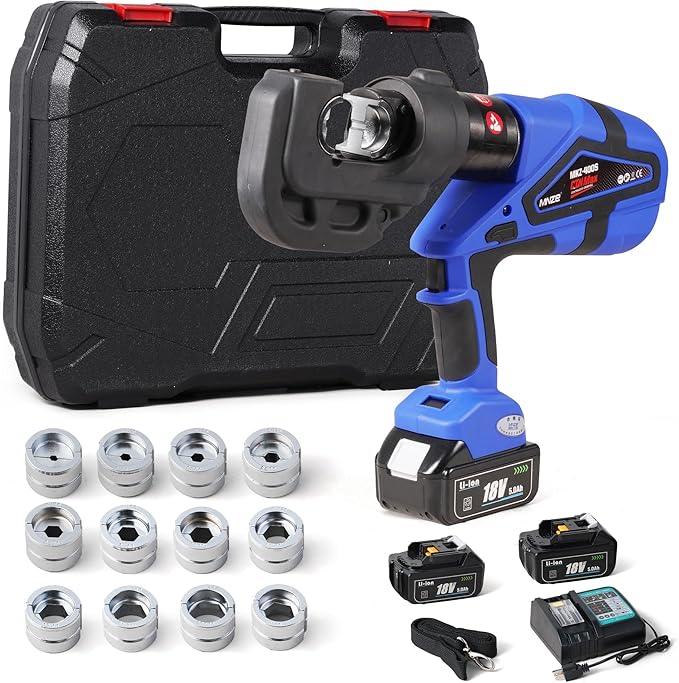 Electric Hydraulic Cable Lug Crimper Pliers Rechargeable Crimping Tool 12 Ton Electrical Terminal Cable Wire Fiber Crimper Kit with 12 Dies (MZ-MKZ-400)