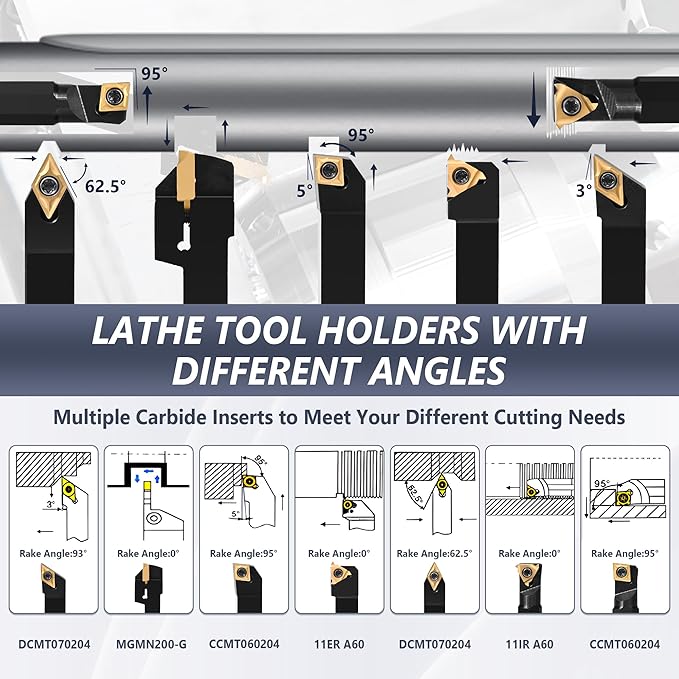 21PCS Indexable Lathe Turning Tools Set 3/8"10mm Shanks,7Pcs Metal Turning Tool Holders & 14Pcs Carbide Inserts for Turning,Grooving,Threading,Boring bar,and Cutting Tool