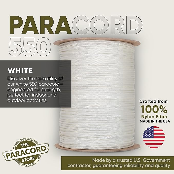 The Paracord Store | Type III 550 Paracord - 1000 FT Spool, White | Heavy Duty 7 Strand Tactical Paracord - USA Made Nylon Outdoor Parachute Cord for Camping, Fishing & More - Survival Cord