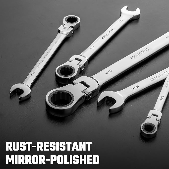 DURATECH 1/2" Flex-Head Ratcheting Combination Wrench, SAE, 72-Tooth, CR-V Steel