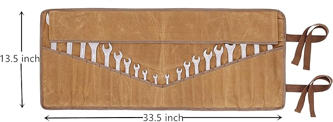 20+4 Pockets Roll Up Pouch, Hand Tool Roll Bag, Durable 16OZ Waxed Canvas Wrench Roll for Metric or SAE (Khaki)
