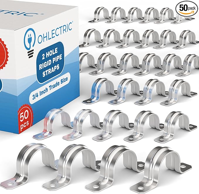 OHLECTRIC Heavy Duty Pipe Strap (50 Pack - ¾ Inch) Zinc Plated Conduit Clamps, 2 Hole Steel Rigid Pipe Strap U Bracket, Zinc Coated Tension Tube Clip, Metal Pipe Clamp for Rigid Conduits