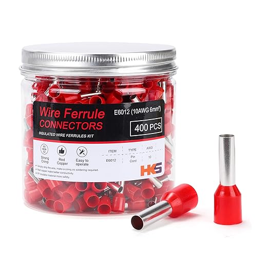 HKS 400PCS Wire Ferrule Connectors - AWG 10-6.0mm² Copper Barrel Pin Cord Ends Insulated Ferrules Terminals - E6012 Red
