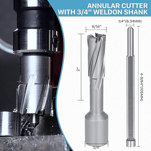 KEENTECH Carbide-Tipped Annular Cutter, 9/16" Diameter x 2" Depth, 3/4" Weldon Shank (2 Flat), High Speed Cutting TCT Mag Drill Bit with Pilot Pin for Harder Material, Stainless Steel, Cast Iron