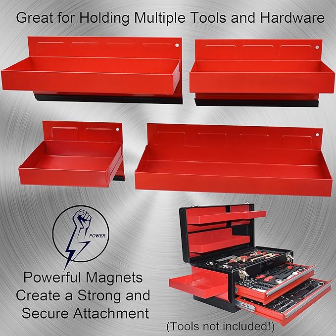 Magnetic Shelf 4-Pcs Set - Red Tool Trays - Metal Tool Box With Strong Magnets - Storage for Toolbox - Tool Box Accessories for Van Workshop