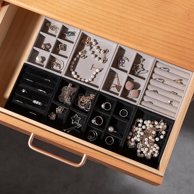 Frebeauty Small Jewelry Tray Set,Stackable Velvet Jewelry Organizer Tray,Mini Jewelry Drawer Organizer,Drawer Inserts,4.92 x 3.74 x 0.9 Inches,Earring Organizer for Women(Set 9,Black)
