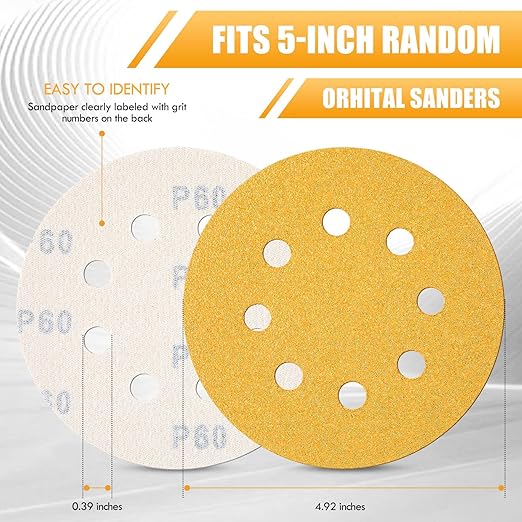 Maxdot 200 Pcs 5 Inch Sanding Discs 8-Hole Hook and Loop Gold Sandpaper, 60-Grit for Random Orbit Sander