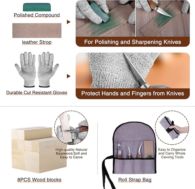 YHLAWM Wood Whittling Kit for Beginners, 18 Pcs Wood Carving Kit with 6 Pcs Carving Knives & 8 Pcs Basswood Blocks, Starters Carving Set, Gift Set for Kids and Adults