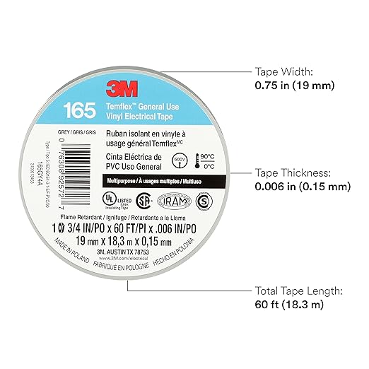 3M Temflex Multi-Purpose Vinyl Electrical Tape 165, Gray, 3/4 in x 60 ft (19 mm x 18 m), 10 Roll Pack