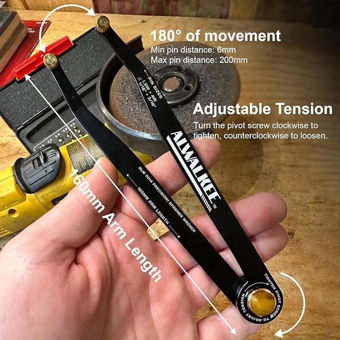 25-Piece Pin Wrench Set with Case, Precision Spanner Wrench - Adjustable Hook Spanner for Bearings, Pulleys & Obscure Fasteners - Metric & Imperial Steel Pins, 160mm Arms, 180° Rotation