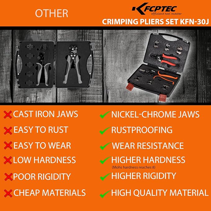KF CPTEC Crimping Tool Set 9 PCS - Ratcheting Wire Crimper - Quick Exchange Jaw for Heat Shrink, Open Barrel, Insulated Electrical Connectors,Insulated and Non-Insulated Ferrules, solar connector